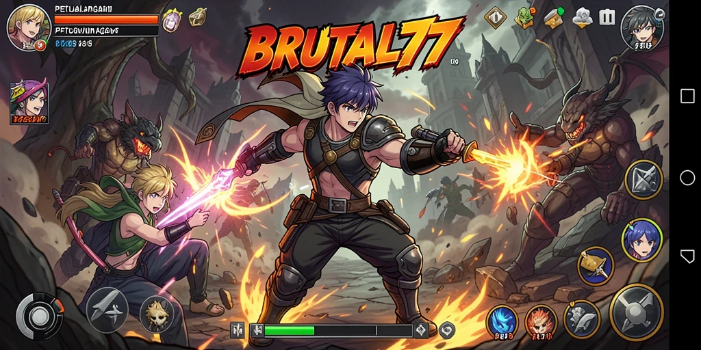 Screenshot gameplay BRUTAL77 menampilkan aksi seru dan karakter anime yang menarik.