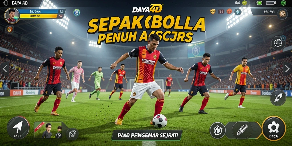 Screenshot utama DAYA4D dengan aksi bermain sepak bola yang intens.