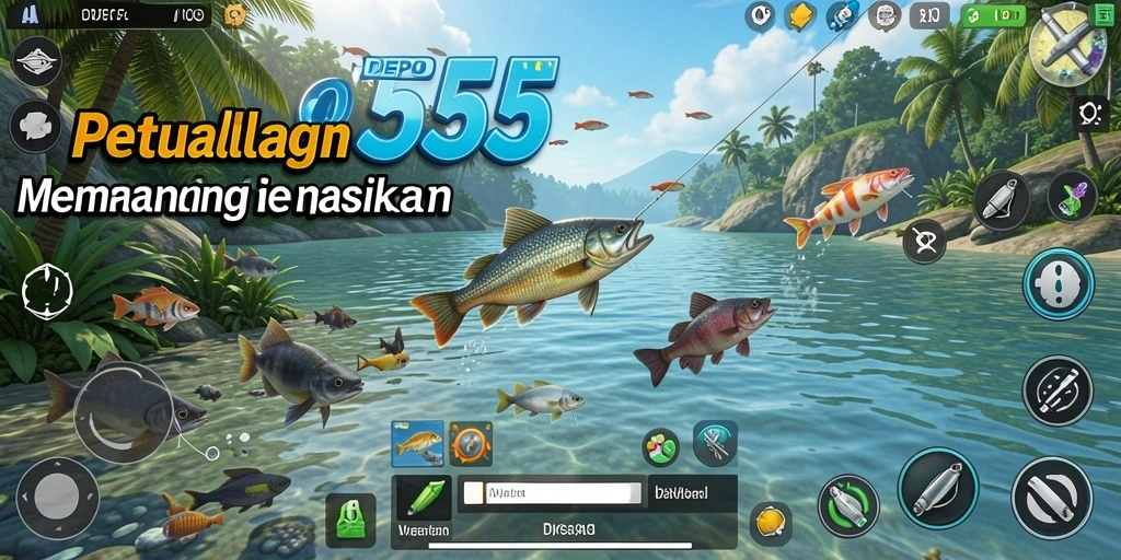 Screenshot DEPO555 menampilkan aksi memancing yang mendebarkan di danau cantik.